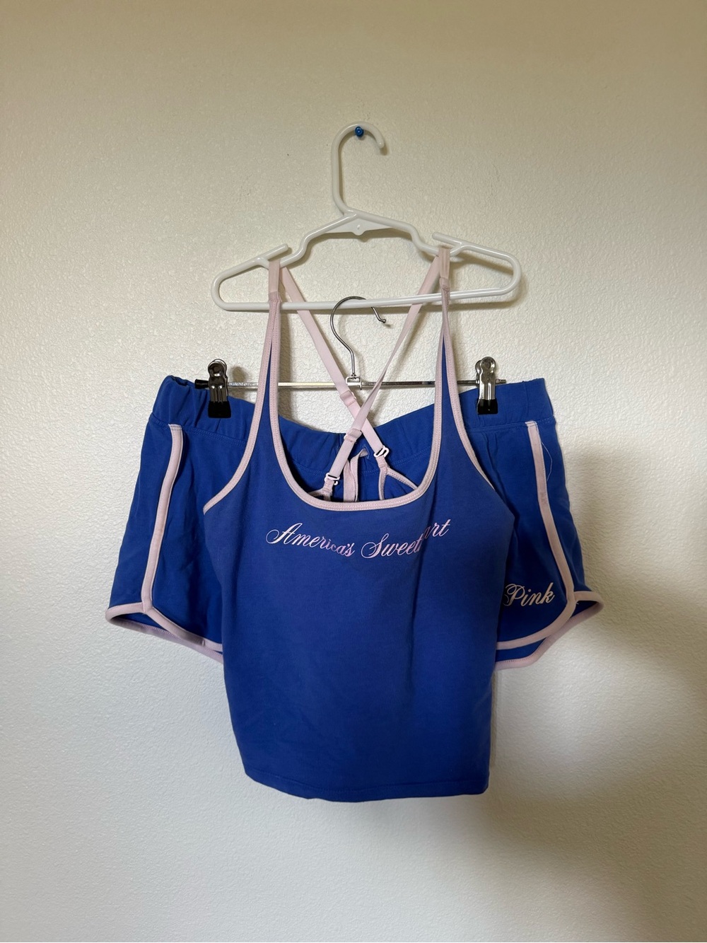 PINK Victoria's Secret Blue and Light Pink Strappy Tank & Shorts Set